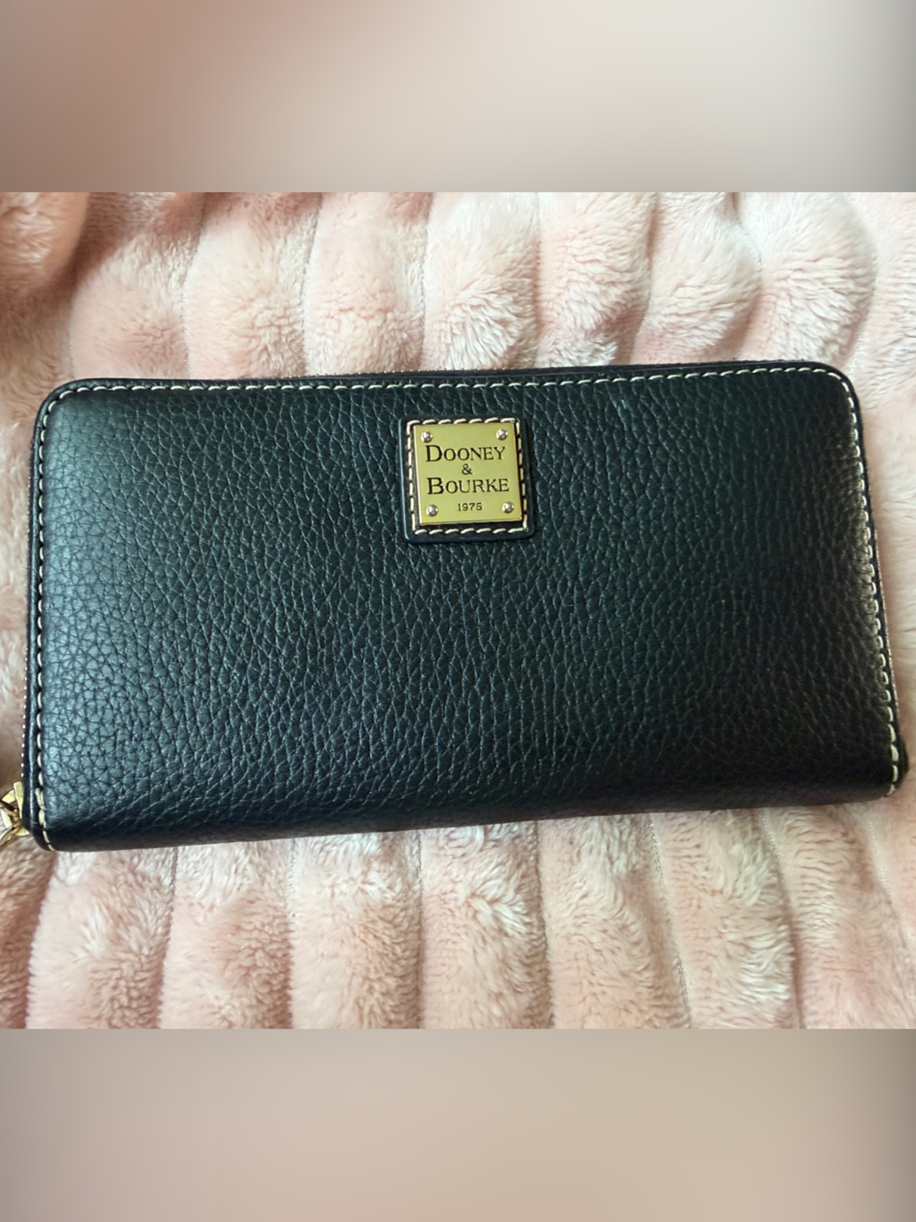 Dooney & Bourke Black Pebbled Leather Zip Around Wallet With Gold Plaque